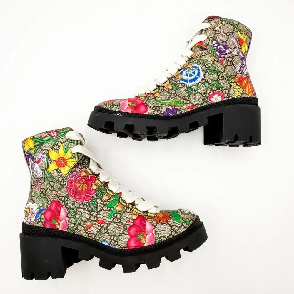 Gucci GG Monogram Supreme Floral Lace Up Combat Boot EU 39 US 9 - Picture 8 of 12